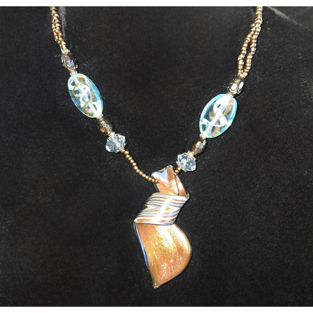 Unique Artisan Glass Pendant Necklace Copper Blue Swirl Beads